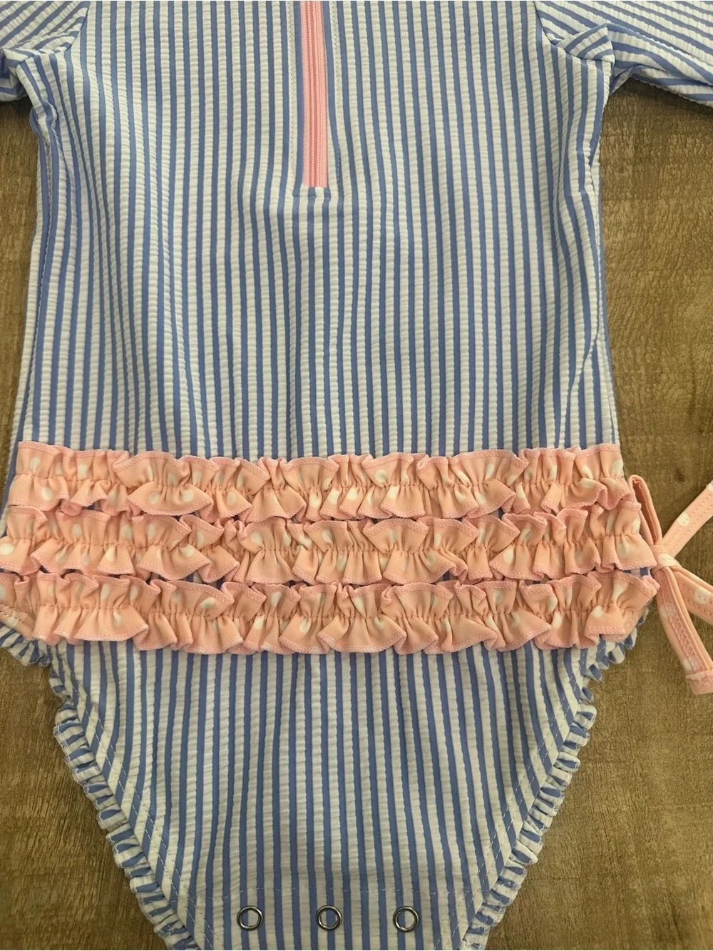 RuffleButts Blue Seersucker Rash Guard One Piece | 12–18M | UPF 50+